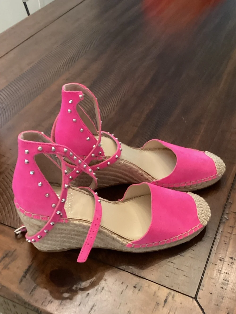 Vince Camuto Hot Pink Studded Ankle-Wrap Espadrille Wedges
